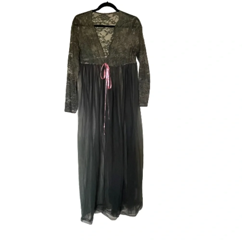 Mad men style Vintage 1960s sheer grey black long sleeve lace sexy nightdress - Picture 5 of 9